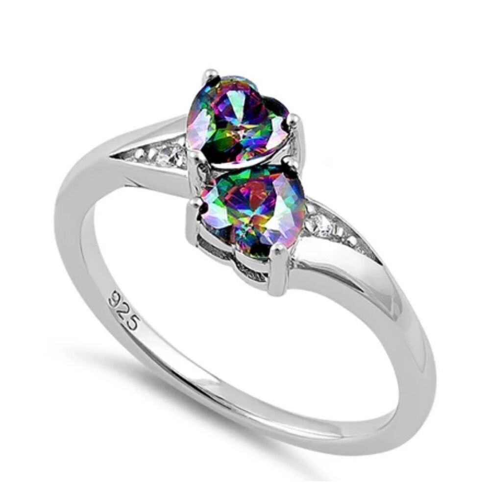 Sterling Silver Double Heart Rainbow Mystic Topaz Ring New